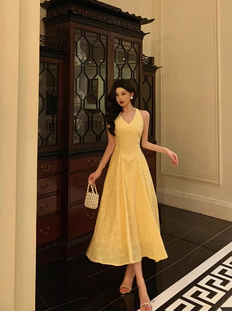 Sexy A line Halter Yellow 18th Birthday Dress Long Party Birthday Outfits For Women DP0184 - Deanwangkt