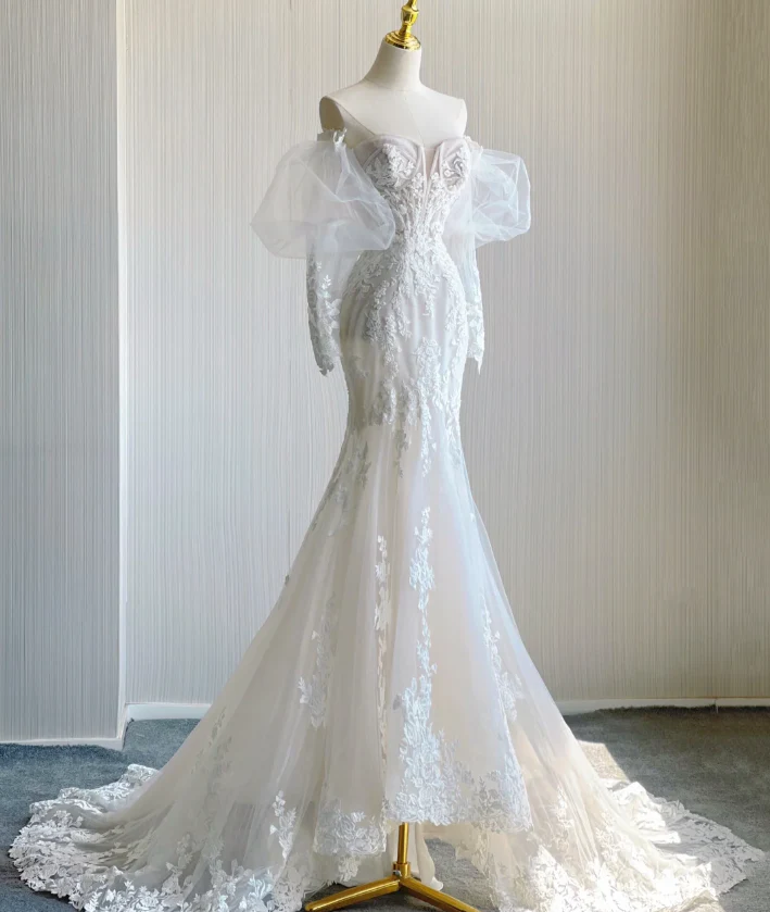 Classy Elegant Mermaid Sweetheart White Lace Wedding Dresses Brides Dress DP441 - Deanwangkt