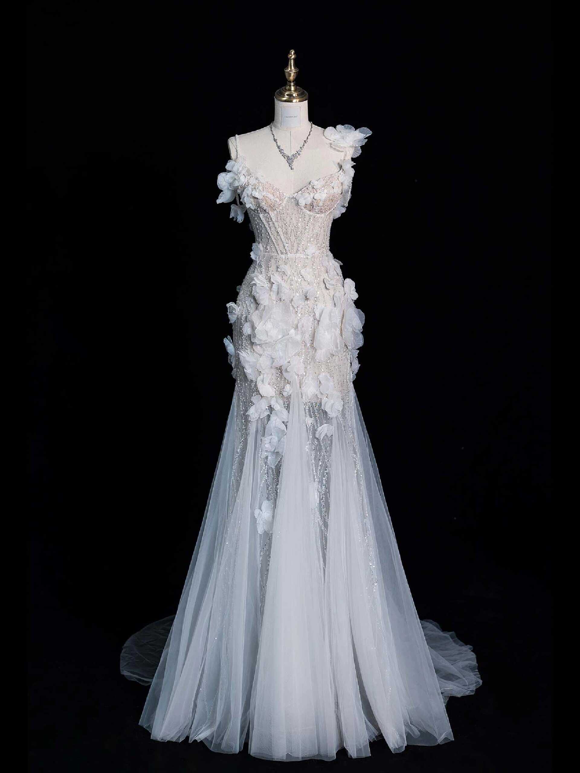 Unique Wedding Dress Mermaid Spaghetti Straps Lace White Sleeveless Long Wedding Dresses Bridal Gowns DH2297 - Deanwangkt