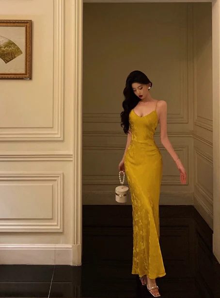 Pretty Mermaid Spaghetti Straps Yellow Satin 18th Birthday Dress Party Birthday Outfits For Womens DP0169 - Deanwangkt