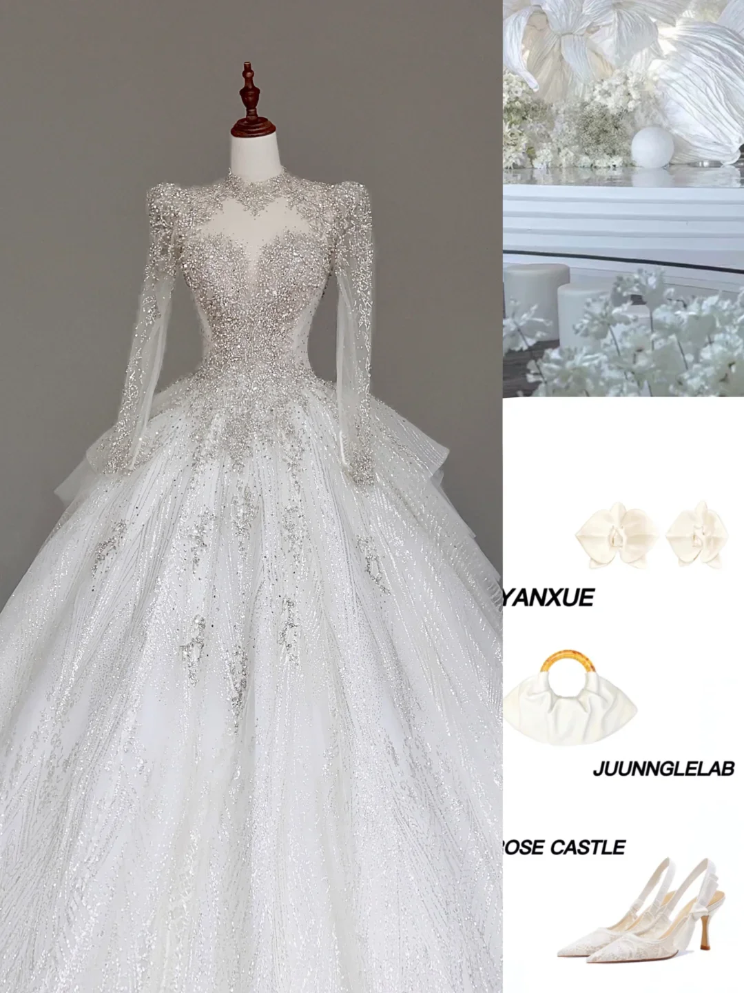Unique Bridal Gown Ball Gown High Neckline Long Sleeves White Lace Wedding Dresses Bridal Gowns DP667 - Deanwangkt
