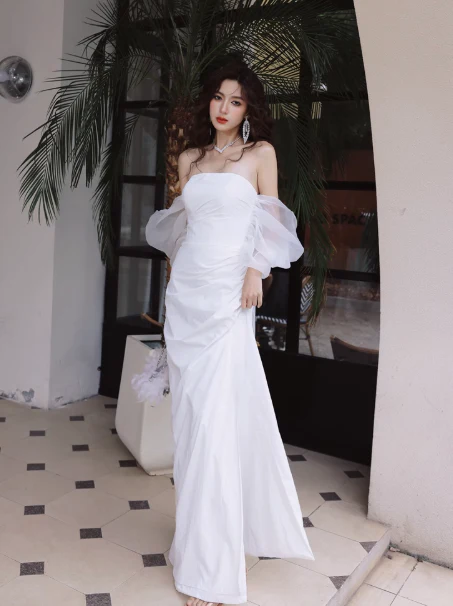 Elegant Off Shoulder Long Sheath Satin Wedding Dress Simple Bridal Gown DH2688 - Deanwangkt