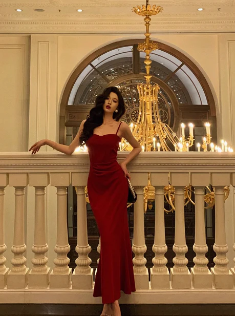 Pretty Mermaid Spaghetti Straps Burgundy 18th Birthday Dress Long Party Birthday Outfits For Women DP0158 - Deanwangkt