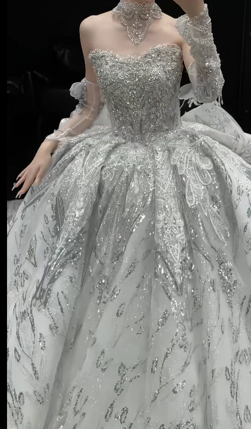 Sparkly Strapless Ball Gown Tulle Wedding Dresses Scented White Bridal Gowns Sleeveless Bridal Dresses DP3360 - Deanwangkt