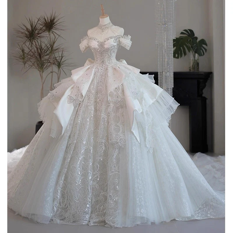 Princess Bridal Dress Ball Gown Off The Shoulder White Wedding Dress Ruffles Lace Wedding Dresses Modest Wedding Gowns DH1774 - Deanwangkt