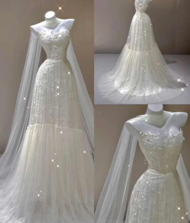 Elegant A Line Strapless White Lace Sleeveless Long Wedding Dresses Brides Dress P0014 - Deanwangkt