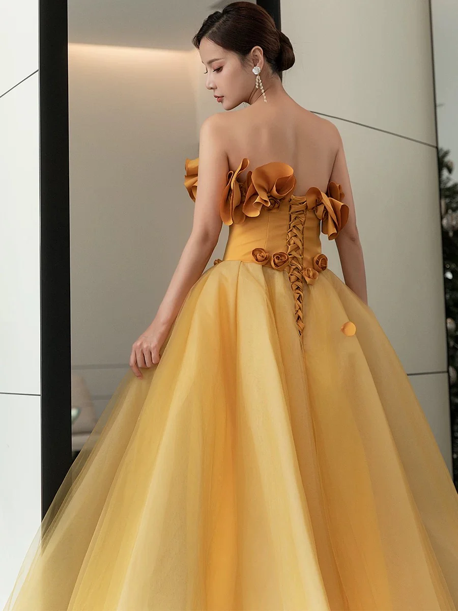 Classy Elegant Ball Gown Strapless Yellow Sleeveless Tulle Long Prom Dresses H2893 - Deanwangkt