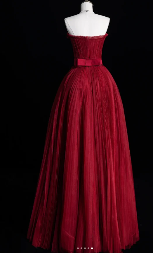 Gorgeous Strapless A-Line Long Prom Dresses Tulle Pleated Sleeveless Evening Dress Burgundy Formal Dresses DP3256 - Deanwangkt