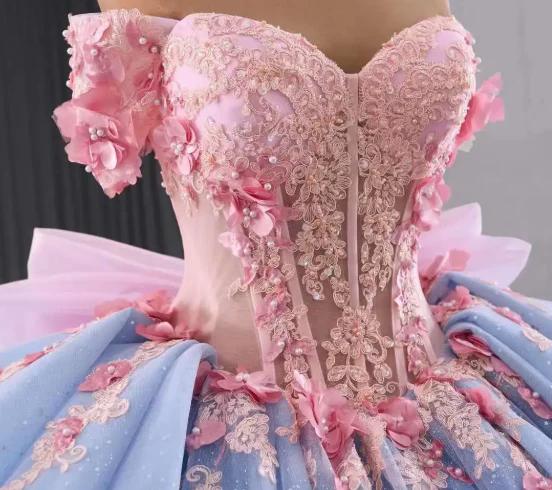 Fairy Off-the-shoulder Ball Gown Blue Long Prom Dresses Tulle Applique Blue Quinceaña Dresses Sweet 16 Dresses DP3776 - Deanwangkt