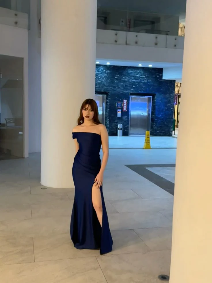 Pretty Mermaid Off The Shoulder Navy Blue Slit Evening Party Dresses Formal Summer Wedding Guest Dresses Wedding Guest Outfits DP2140 - Deanwangkt