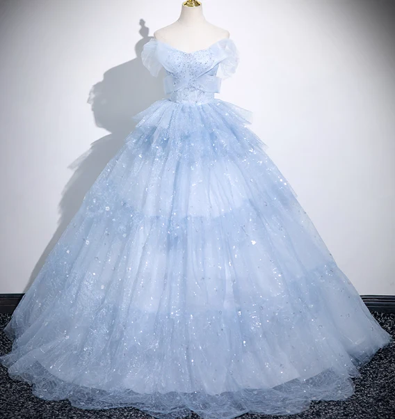 Cute Off-shoulder Ball Gown Tulle Sequined Long Prom Dress Sweet Ice Blue Quinceanera Dress DP2964 - Deanwangkt