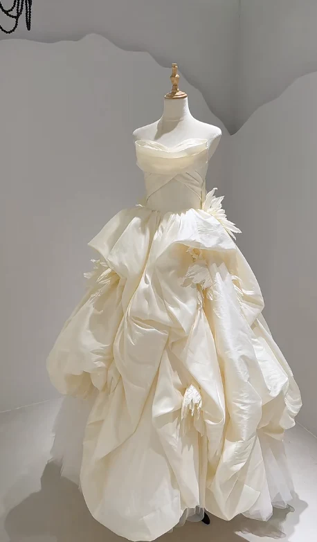 Modest Strapless Ball Gown Satin Wedding Dress Elegant Bridal Dress DP2967 - Deanwangkt