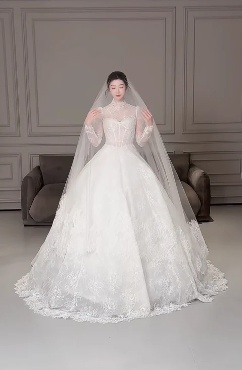 Modest Turtleneck Ball Gown Lace Applique Wedding Dress Elegant Long Sleeve Bridal Dress DP2968 - Deanwangkt