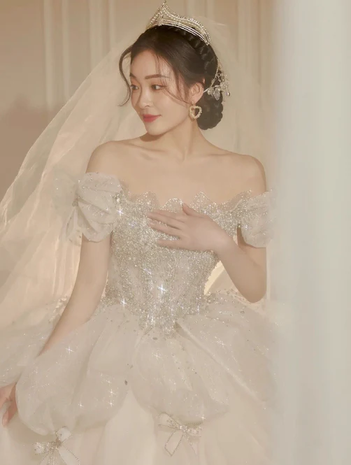 Princess Bridal Dress Ball Gown Off Shoulder Tulle White Beads Long Wedding Dress Modest Bridal Gowns DH2765 - Deanwangkt