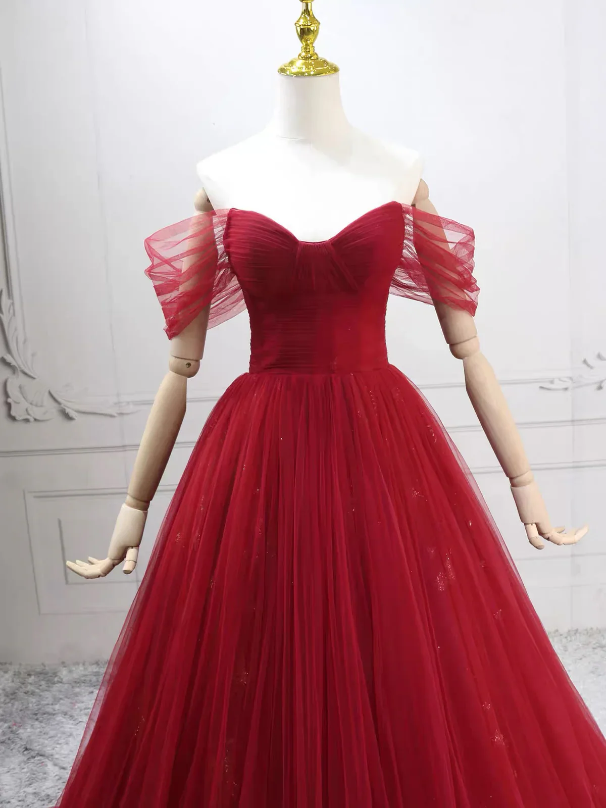 Elegant Off-Shoulder A-Line Tulle Long Prom Dresses, Burgundy Formal Evening Dresses DP3161 - Deanwangkt