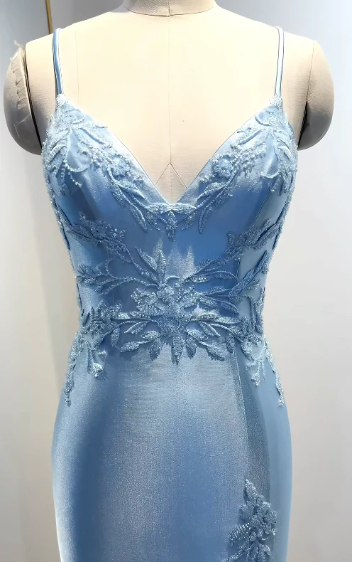Elegant Spaghetti Strap Sheath Blue Long Prom Dresses Satin Beaded Applique Blue Evening Dresses DP3872 - Deanwangkt