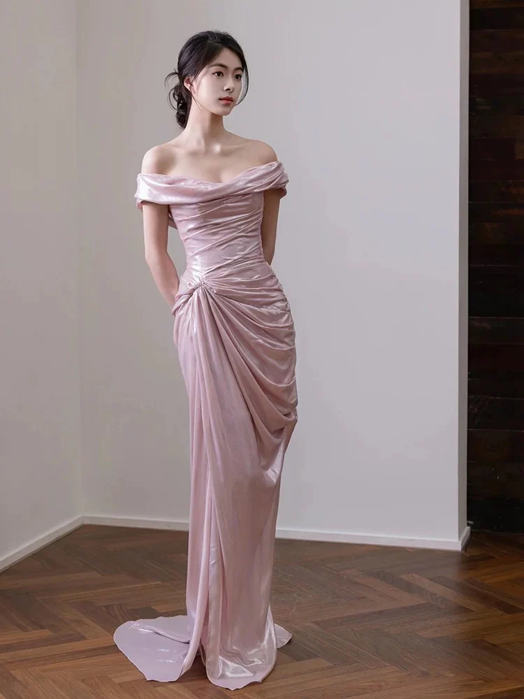 Elegant Mermaid Off The Shoulder Pink Satin Short Sleeves Long Evening Party Gowns Evening Formal Dresses Prom Dress W801 - Deanwangkt