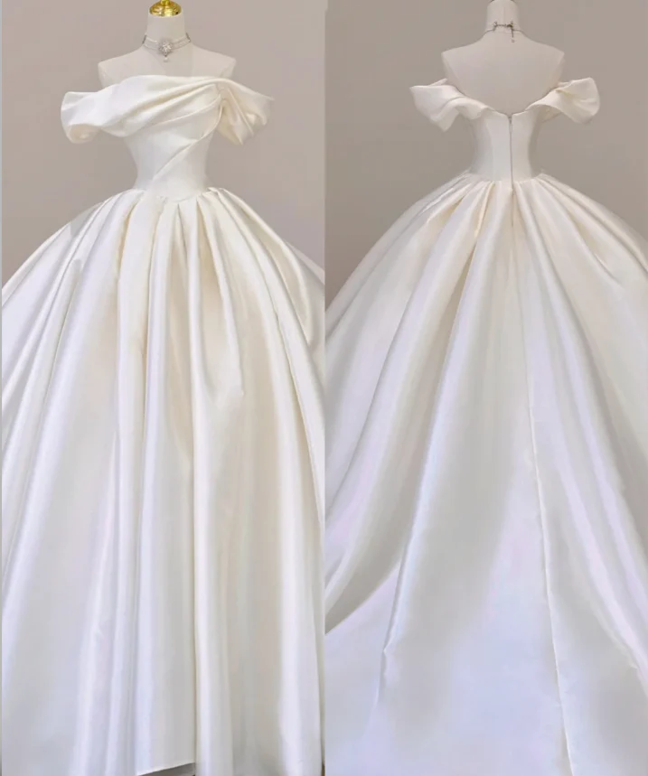 Elegant Ball Gown Off The Shoulder Satin Wedding Dresses White Brides Dress P0002 - Deanwangkt