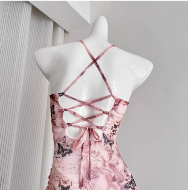 Cute Mermaid Spaghetti Straps Pink Floral Long Summer Dress For Women DP0012 - Deanwangkt