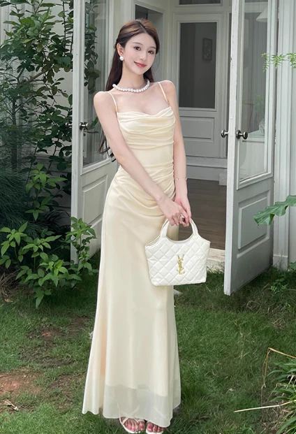Elegant Spaghetti Strap Sheath Chiffon Long Prom Dresses, Apricot Formal Evening Dress DP3084 - Deanwangkt