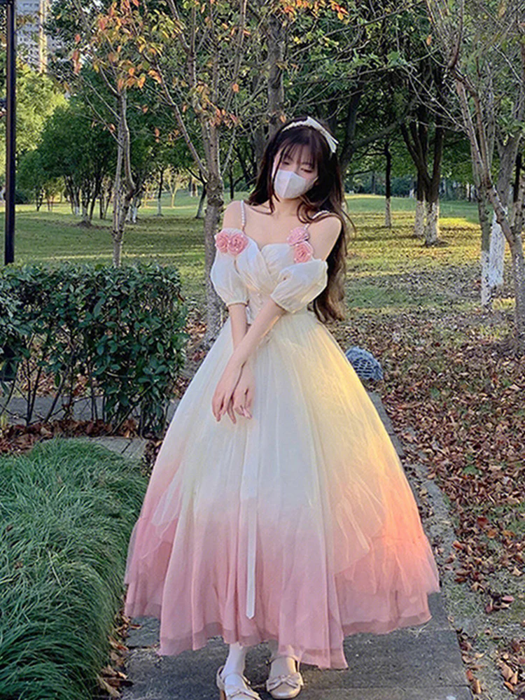 Vintage Ball Gown Off The Shoulder Short Sleeves 16th Ombre Pink Birthday Dresses Lolita Dress Long 16th Birthday Outfits DH2447 - Deanwangkt