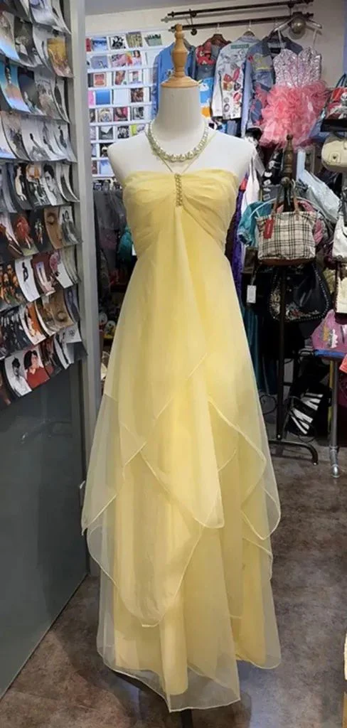 Vintage A line Halter Yellow Long Birthday Dress Party Dress Birthday Outfit DP956 - Deanwangkt
