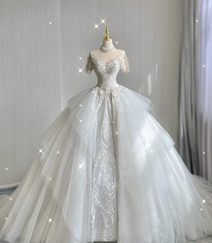 Unique Ball Gown High Neckline Lace Long White Wedding Dresses Summer Brides Dress DP416 - Deanwangkt