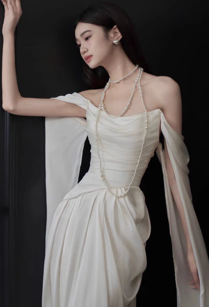 Ivory Off-shoulder Sheath Evening Gowns Simple Chiffon Formal Dresses Elegant Sleeveless Long Prom Dresses  DH2700 - Deanwangkt