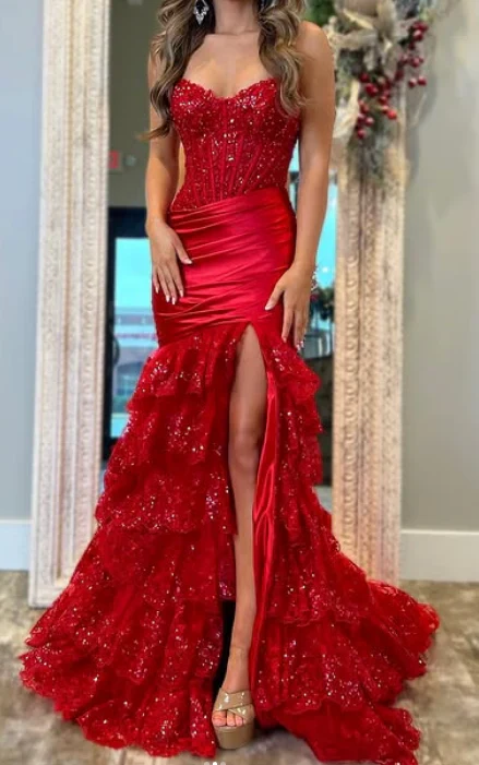 Classy Elegant Red Mermaid Long Prom Dress with Ruffle Skirt Wedding Guest Dress Prom Dresses DP262 - Deanwangkt