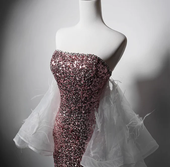 Modest Pink Mermaid Evening Gowns Strapless Slit Long Prom Dress Sparkly Sequins Graduation Dress DH2743 - Deanwangkt