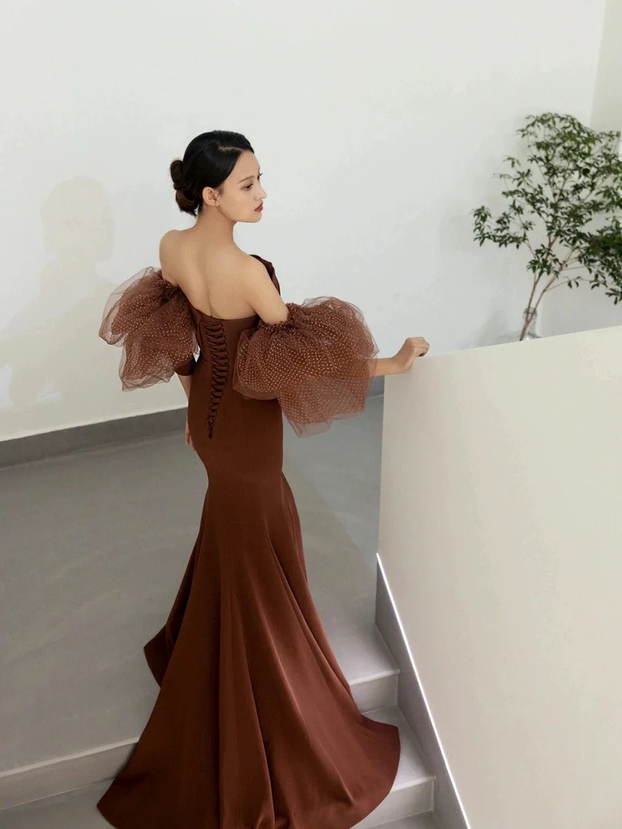 Classy Mermaid Off The Shoulder Satin Brown Evening Dress Long Prom Dresses H2885 - Deanwangkt