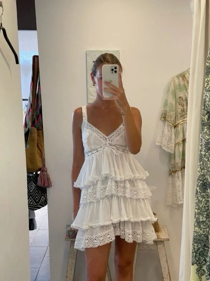 Simple A line Straps White Lace Layers Homecoming Dress Summer Hoco Dresses Cocktail Dress DP1905 - Deanwangkt