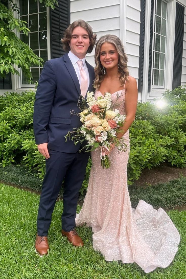 Classy Plunge Neck Blush Pink Sequin Mermaid Long Prom Dresses Graduation Dress DP474 - Deanwangkt