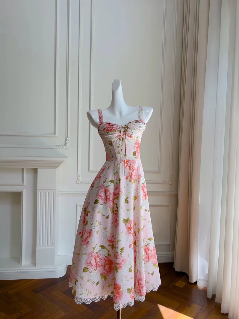 Elegant A line Straps Floral Pink Chiffon Sleeveless Long Evening Party Gowns Evening Formal Dresses Prom Dress W946 - Deanwangkt