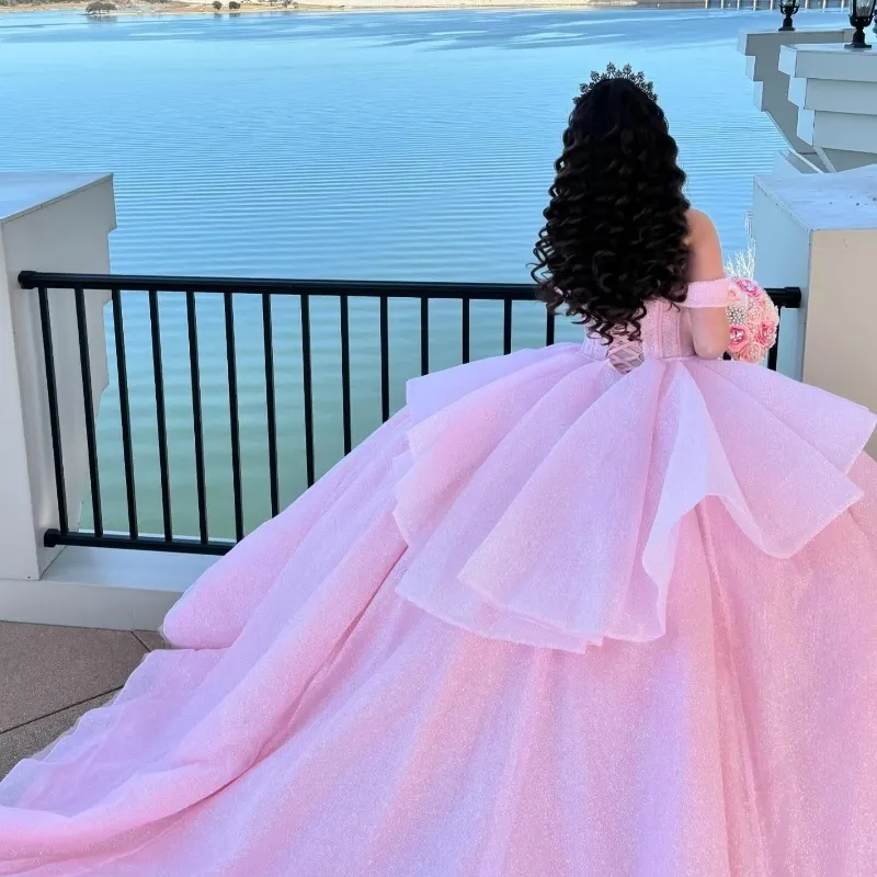 Pretty Ball Gown Off The Shoulder Pink Tulle Long Quinceanera Dress Formal Gowns Vestido De 15 Anos Sweet 16 Dress DH1841 - Deanwangkt