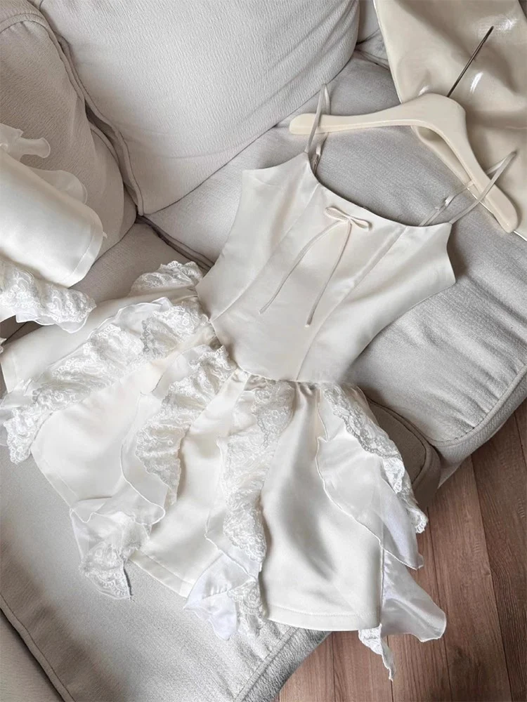 Simple A line Spaghetti Straps White Short Satin Formal Homecoming Dresses Party Graduation Dress Hoco Dresses DH2754 - Deanwangkt