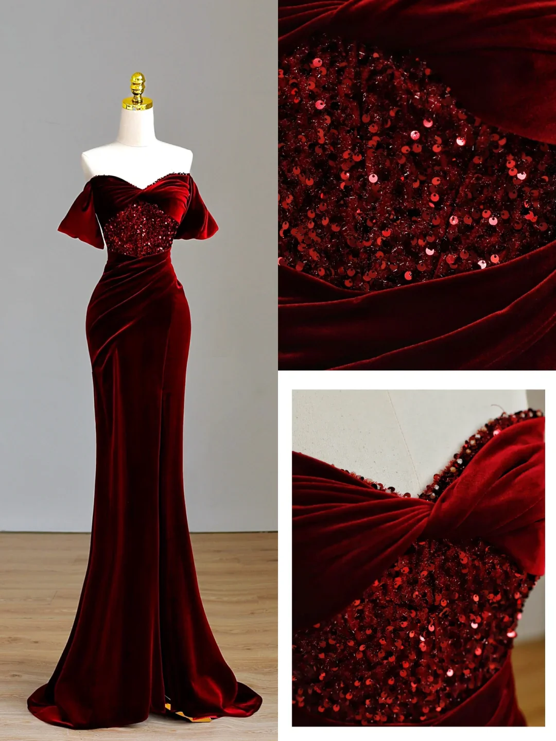 Elegant Glamour Mermaid Off The Shoulder Burgundy Velvet Long Prom Dresses Party Dress Evening Dress DP1560 - Deanwangkt