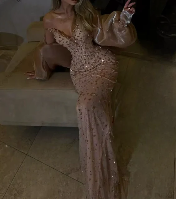 Sexy Mermaid Evening Dress Sweetheart Champagne Sequin Long Prom Dresses Party Dress 20th Birthday Outfits Graduation Dresses DH1862 - Deanwangkt