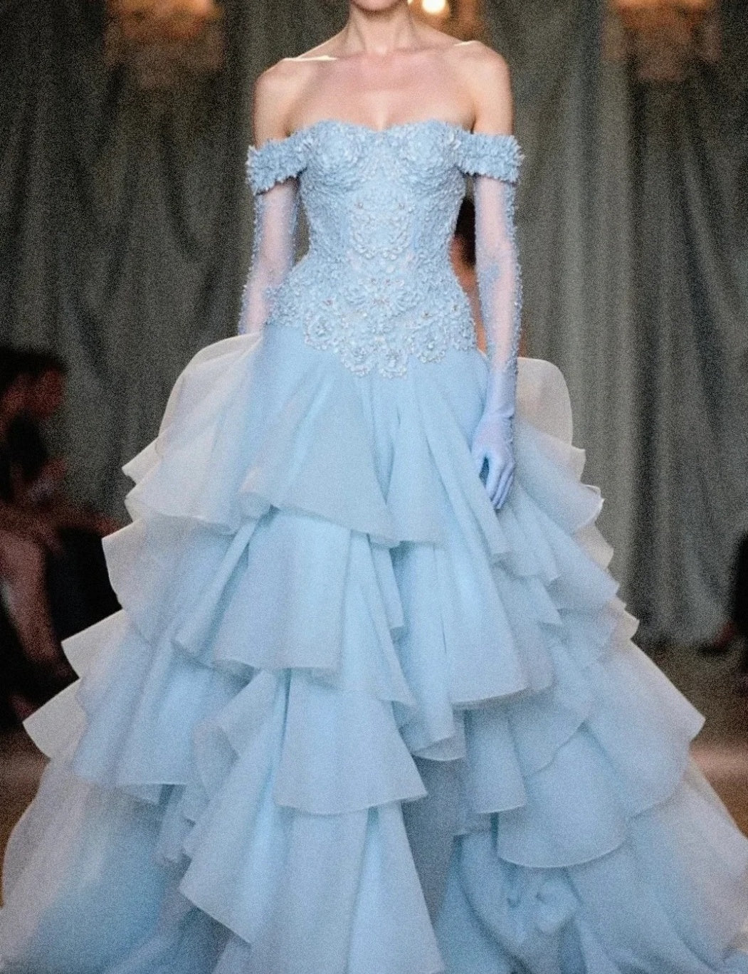 Elegant Off-the-Shoulder Tulle Ball Gown Quinceaña Dress, Blue Applique Long Prom Dresses DP2936 - Deanwangkt