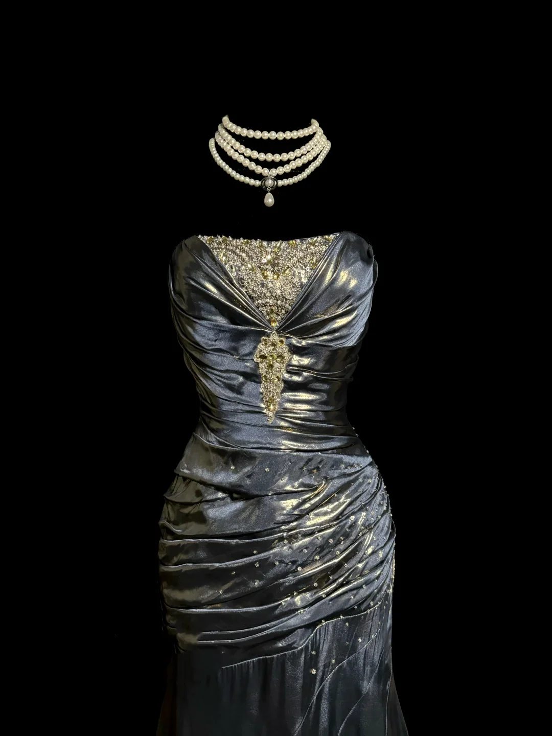 Vintage Mermaid Strapless Gray Satin 90s Long Prom Dresses Party Dress 30th Birthday Outfits Graduation Dresses W871 - Deanwangkt