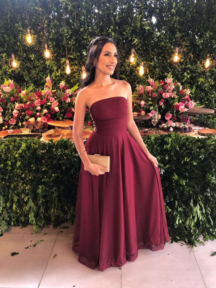 Classy A line Strapless Burgundy Chiffon Long Formal Prom Gown Summer Wedding Guest Dress Bridal Guest Dresses Wedding Outfits For Guest DH178 - Deanwangkt