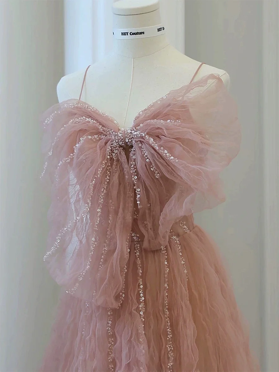 Classy Elegant A line Spaghetti Straps Pink Tulle Beading Sleeveless Prom Dresses H2888 - Deanwangkt