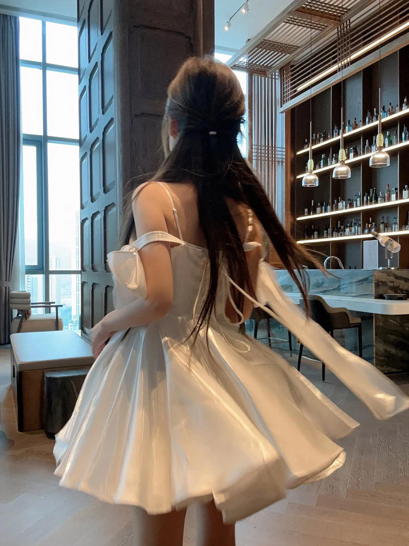 Sexy A line Spaghetti Straps Satin White Short Homecoming Dress Summer Hoco Dresses Cocktail Dress Birthday Outfits DP2290 - Deanwangkt