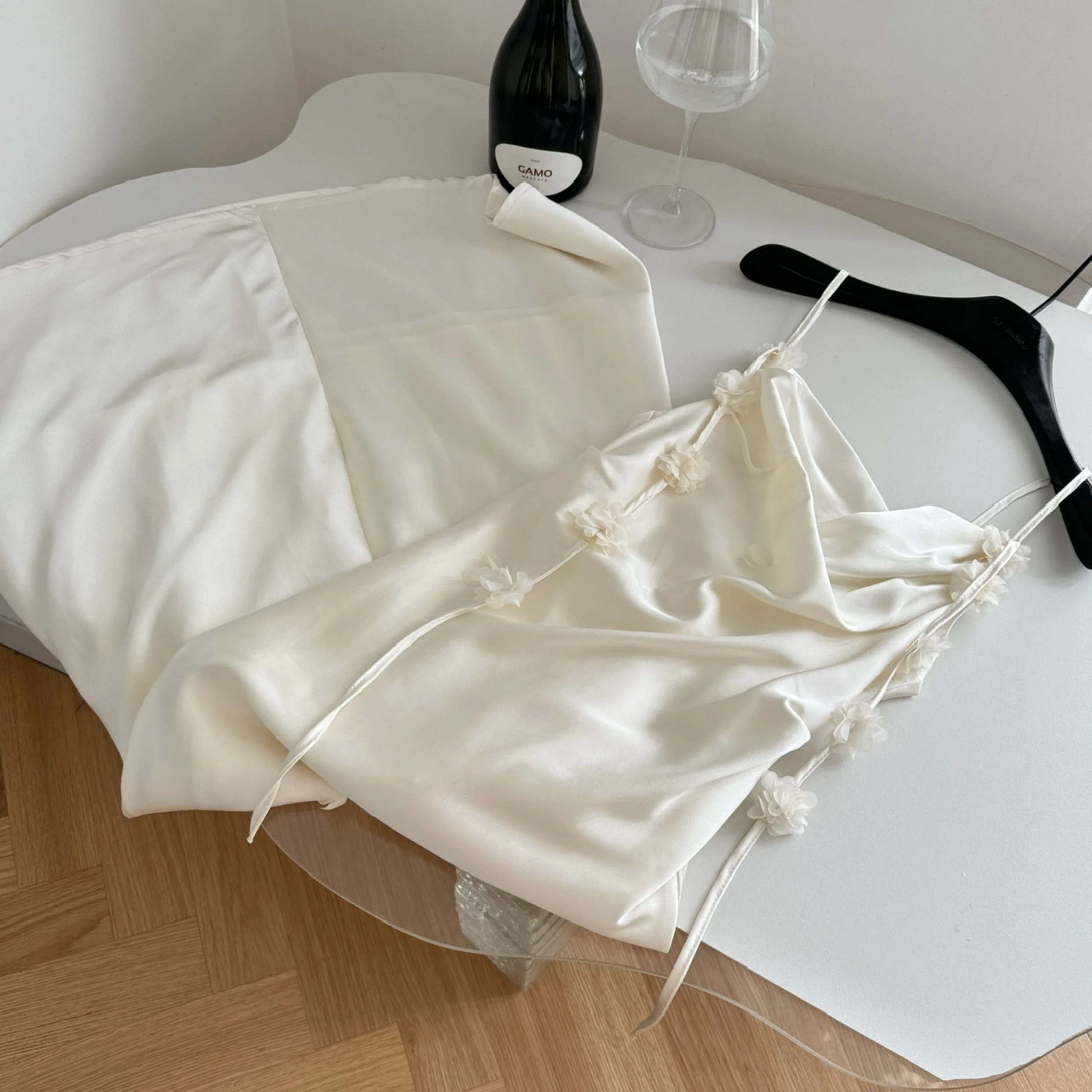 Cute A line Spaghetti Straps Champagne Floral Long Satin Summer Dress For Women DP0009 - Deanwangkt