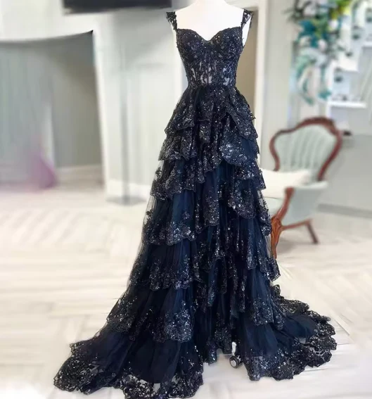 Sexy A-Line Tulle Sequin Black Long Prom Dresses, Black Sequin Long Formal Dress DP275 - Deanwangkt