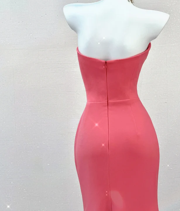 Classy Mermaid Strapless Pink Satin Evening Dress Long Prom Dresses P0022 - Deanwangkt