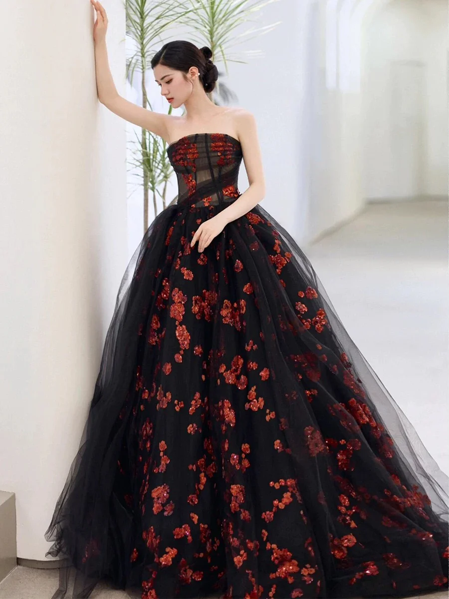 Classy Ball Gown Strapless Tulle Black Evening Dress Long Prom Dresses H2863 - Deanwangkt