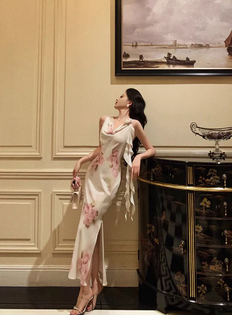 Sexy Sheath Swing Collar Floral Pink 18th Birthday Dress Holiday Party Birthday Outfits For Women DP0163 - Deanwangkt