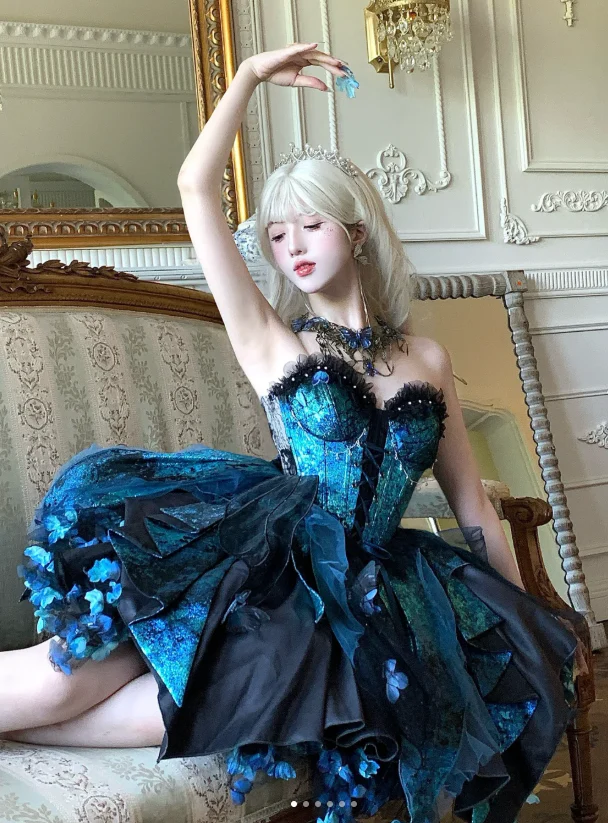 Fairy Sweetheart Neck Ball Gown Satin Applique Sleeveless Birthday Dresses Blue Lolita Dresses DP3325 - Deanwangkt