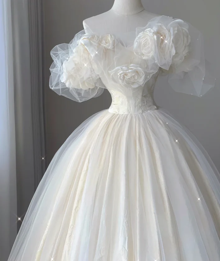 Timeless Ball Gown Off The Shoulder Short Sleeves Tulle Flowers Wedding Dresses Brides Dress DP444 - Deanwangkt